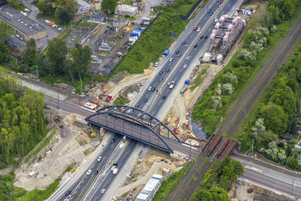 Aerial view, construction site for new railway bridge over the A43 motorway, 2nd bridge on the roadside, Baukau, Herne, Ruhr area, North Rhine-Westphalia, Germany, A43 motorway, railway tracks, construction work, construction area, construction site, construction project, construction site, bridge, DE, railway bridge, Europe, aerial view, aerial photography, aerial photography, new construction, overview, bird's-eye view, bird's-eye view, overview