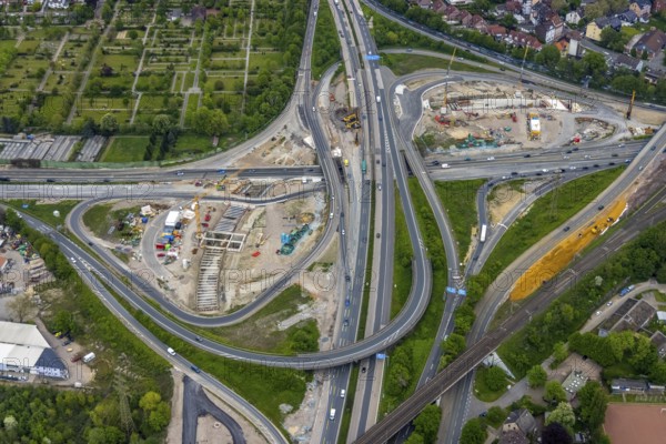 Aerial view, construction site due to A43 expansion, motorway junction Herne, motorway A42, motorway A43, Baukau, Herne, Ruhr area, North Rhine-Westphalia, Germany, motorway, motorway bridge, motorway junction, construction work, construction area, construction site, building site, construction project, construction site, DE, Europe, aerial view, aerial photography, aerial photography, new construction, overview, bird's-eye view, bird's-eye view, overview