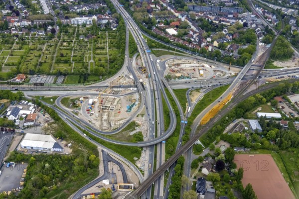 Aerial view, construction site due to A43 expansion, motorway junction Herne, motorway A42, motorway A43, Baukau, Herne, Ruhr area, North Rhine-Westphalia, Germany, motorway, motorway bridge, motorway junction, construction work, construction area, construction site, building site, construction project, construction site, DE, Europe, aerial view, aerial photography, aerial photography, new construction, overview, bird's-eye view, bird's-eye view, overview