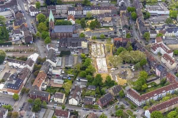 Aerial view, construction site Karlstraße for nursing home and kindergarten, St. Laurentius Church, Wanne, Herne, Ruhr area, North Rhine-Westphalia, Germany, place of worship, construction work, construction area, building site, building plots, construction project, construction site, DE, Europe, religious community, place of worship, holy place, church, parish, day-care centre, denomination, aerial view, aerial photography, aerial photography, new building, religion, religious site, overview, bird's-eye view, overview