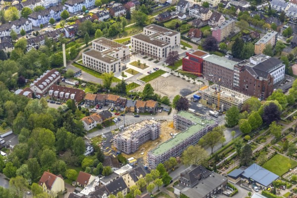 Aerial view, construction site campus of the St. Elisabeth Group, Widumer Höfe retirement homes, Ruhr Education Centre, Sodingen, Catholic Church of St. Peter and Paul, Herne, Ruhr area, North Rhine-Westphalia, Germany, retirement home, place of worship, construction work, building, construction area, building site, building plots, construction project, construction site, care and nursing, DE, Europe, faith community, place of worship, sanctuary, church, parish, denomination, aerial view, aerial photography, aerial photography, new building, care facility, religion, religious site, retirement home, retirement residence, retirement home, retirement centre, overview, bird's-eye view, overview