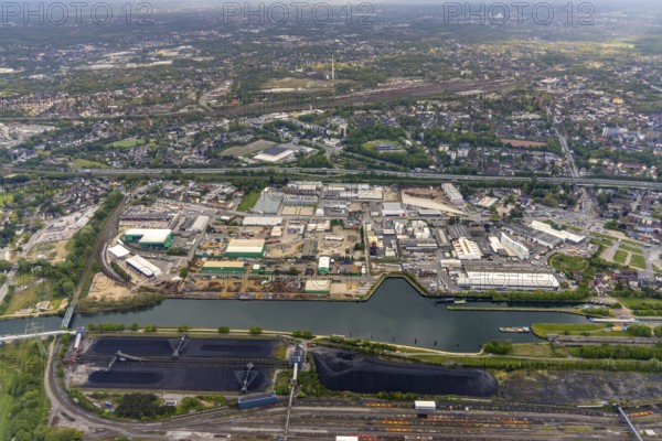 Aerial view, harbour area and Rhine-Herne Canal, Unser Fritz, Herne, Ruhr area, North Rhine-Westphalia, Germany, DE, Europe, commercial enterprises, commercial area, commercial park, commercial location, commercial use, industrial area, industrial location, aerial photograph, aerial photography, aerial photography, overview, bird's-eye view, birds-eyes view, overview