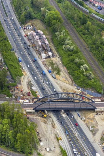 Aerial view, construction site for new railway bridge over the A43 motorway, 2nd bridge on the roadside, Baukau, Herne, Ruhr area, North Rhine-Westphalia, Germany, A43 motorway, railway tracks, construction work, construction area, construction site, construction project, construction site, bridge, DE, railway bridge, Europe, aerial view, aerial photography, aerial photography, new construction, overview, bird's-eye view, bird's-eye view, overview