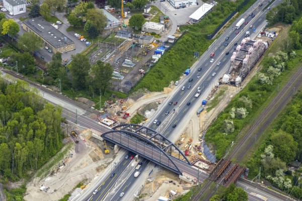 Aerial view, construction site for new railway bridge over the A43 motorway, 2nd bridge on the roadside, Baukau, Herne, Ruhr area, North Rhine-Westphalia, Germany, A43 motorway, railway tracks, construction work, construction area, construction site, construction project, construction site, bridge, DE, railway bridge, Europe, aerial view, aerial photography, aerial photography, new construction, overview, bird's-eye view, bird's-eye view, overview