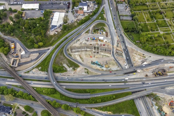 Aerial view, construction site due to A43 expansion, motorway junction Herne, motorway A42, motorway A43, Baukau, Herne, Ruhr area, North Rhine-Westphalia, Germany, motorway, motorway bridge, motorway junction, construction work, construction area, construction site, building site, construction project, construction site, DE, Europe, aerial view, aerial photography, aerial photography, new construction, overview, bird's-eye view, bird's-eye view, overview