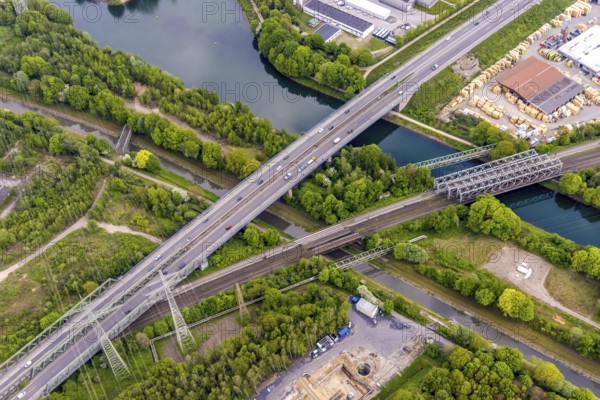 Aerial view, Emscher valley bridge, A43 motorway bridge in stress test, dilapidated transport infrastructure, Rhine-Herne Canal, Baukau, Herne, Ruhr area, North Rhine-Westphalia, Germany, motorway A43, motorway bridge, motorway closure, railway tracks, bridge, DE, railway bridge, Europe, aerial view, aerial photography, aerial photography, Recklinghausen, overview, bird's-eye view, birds-eyes view, overview