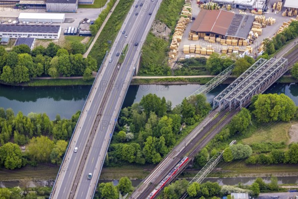 Aerial view, Emscher valley bridge, A43 motorway bridge in stress test, dilapidated transport infrastructure, Rhine-Herne Canal, Baukau, Herne, Ruhr area, North Rhine-Westphalia, Germany, motorway A43, motorway bridge, motorway closure, railway tracks, bridge, DE, railway bridge, Europe, aerial view, aerial photography, aerial photography, Recklinghausen, overview, bird's-eye view, birds-eyes view, overview