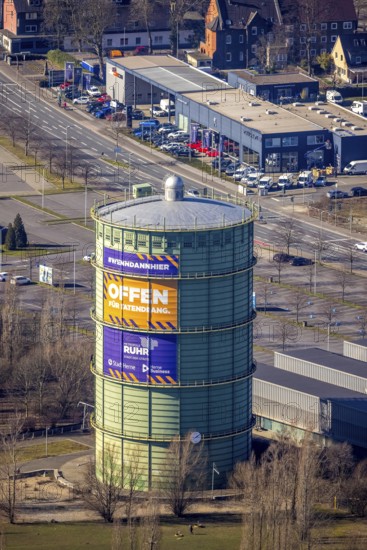 Aerial view, gasometer Herne, industrial area at the Lindenallee, Holsterhausen, Herne, Ruhr area, North Rhine-Westphalia, Germany, DE, Europe, commercial enterprises, commercial area, commercial park, commercial location, commercial use, industrial plants, industrial area, industrial location, aerial photograph, aerial photography, aerial photography, overview, bird's-eye view, birds-eyes view, overview