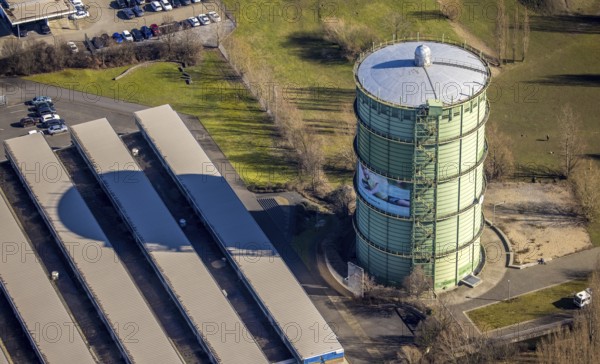 Aerial view, gasometer Herne, industrial area at the Lindenallee, Holsterhausen, Herne, Ruhr area, North Rhine-Westphalia, Germany, DE, Europe, commercial enterprises, commercial area, commercial park, commercial location, commercial use, industrial plants, industrial area, industrial location, aerial photograph, aerial photography, aerial photography, overview, bird's-eye view, birds-eyes view, overview