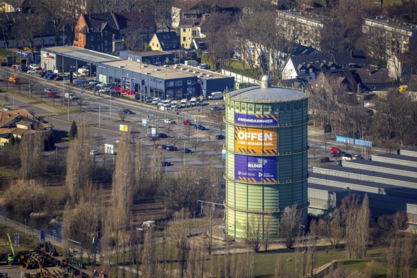 Aerial view, gasometer Herne, industrial area at the Lindenallee, Holsterhausen, Herne, Ruhr area, North Rhine-Westphalia, Germany, DE, Europe, commercial enterprises, commercial area, commercial park, commercial location, commercial use, industrial plants, industrial area, industrial location, aerial photograph, aerial photography, aerial photography, overview, bird's-eye view, birds-eyes view, overview
