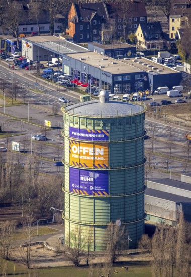 Aerial view, gasometer Herne, industrial area at the Lindenallee, Holsterhausen, Herne, Ruhr area, North Rhine-Westphalia, Germany, DE, Europe, commercial enterprises, commercial area, commercial park, commercial location, commercial use, industrial plants, industrial area, industrial location, aerial photograph, aerial photography, aerial photography, overview, bird's-eye view, birds-eyes view, overview