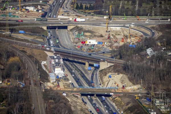 Aerial view, Herne motorway junction with new Baukau tunnel from the A43 to the A42, Baukau-West, Herne, Ruhr area, North Rhine-Westphalia, Germany, A42 motorway, A43 motorway, motorway junction, DE, Europe, distant view, aerial view, aerial photography, aerial photography, Rhine-Ruhr metropolitan region, road traffic, overview, traffic volume, bird's eye view, bird's eye view, overview