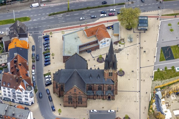 Aerial view, Kreuzkirche am Europaplatz, Herne-Mitte, Herne, Ruhr area, North Rhine-Westphalia, Germany, place of worship, DE, Europe, religious community, place of worship, holy place, church, parish, denomination, Landschaftsverband Westfalen-Lippe, aerial view, aerial photography, aerial photography, religion, religious site, solar energy, overview, bird's eye view, birds-eyes view, overview