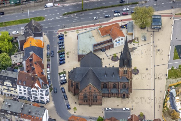 Aerial view, Kreuzkirche am Europaplatz, Herne-Mitte, Herne, Ruhr area, North Rhine-Westphalia, Germany, place of worship, DE, Europe, religious community, place of worship, holy place, church, parish, denomination, Landschaftsverband Westfalen-Lippe, aerial view, aerial photography, aerial photography, religion, religious site, solar energy, overview, bird's eye view, birds-eyes view, overview