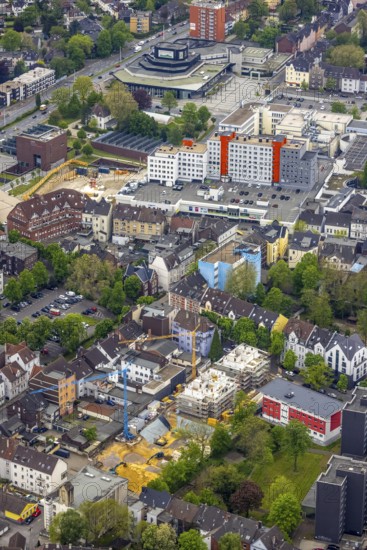 Aerial view, city centre with cultural centre Herne, Willi-Pohlmann-Platz and City-Center, construction site Hermann-Löns-Straße, Herne-Mitte, Herne, Ruhr area, North Rhine-Westphalia, Germany, construction work, construction area, building site, building plots, construction project, construction site, Caritasverband Herne e.V., City, DE, Europe, city centre, aerial view, aerial photography, aerial photography, new building, townscape, city centre, overview, bird's-eye view, overview