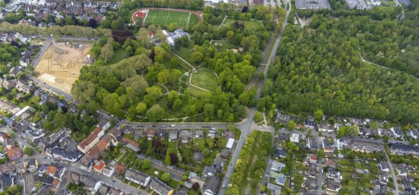 Aerial view, building site at Stadtgarten Herne, Herne-Mitte, Herne, Ruhr area, North Rhine-Westphalia, Germany, building site, building plots, brownfield, DE, Europe, aerial view, aerial photography, aerial photography, park, overview, bird's-eye view, overview