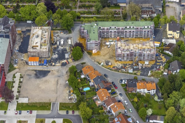 Aerial view, construction site campus of the St. Elisabeth Group, Widumer Höfe retirement homes, Ruhr education centre, Sodingen, Herne, Ruhr area, North Rhine-Westphalia, Germany, retirement home, construction work, construction, construction area, building site, building plots, construction project, construction site, care and nursing, DE, Europe, aerial view, aerial photography, aerial photography, new construction, care facility, retirement home, retirement residence, retirement home, senior centre, overview, bird's eye view, bird's eye view, overview