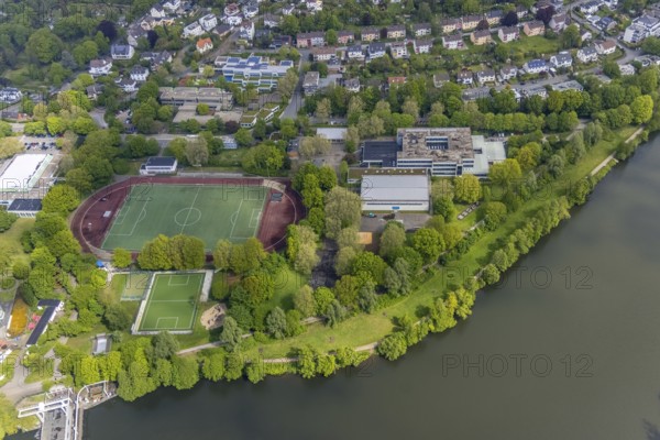 Aerial view, sports and leisure centre Bleichstein, Friedrich-Harkort-Schule, Herdecke, Ruhr area, North Rhine-Westphalia, Germany, education, educational institution, DE, Europe, football pitch, football stadium, educational institute, aerial view, aerial photography, aerial photography, school, sports facilities, sports field, sports facility, stadium, overview, bird's-eye view, water slide, birds-eyes view, overview
