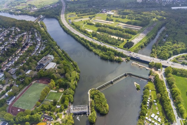 Aerial photograph, Stiftsmühle dam and power station, city boundary between Herdecke and Hagen, Boele, Hagen, Ruhr area, North Rhine-Westphalia, Germany, 2 bridges over the Weser, DE, Europe, power station, aerial photograph, aerial photography, aerial photography, overview, bird's eye view, birds-eyes view, overview