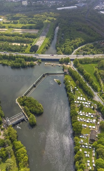 Aerial photograph, Stiftsmühle dam and power station, city boundary between Herdecke and Hagen, Boele, Hagen, Ruhr area, North Rhine-Westphalia, Germany, 2 bridges over the Weser, DE, Europe, power station, aerial photograph, aerial photography, aerial photography, overview, bird's eye view, birds-eyes view, overview