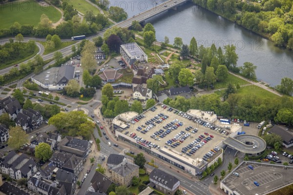 Aerial view, Mühlencenter, Ringhotel Zweibrücker Hof, river Ruhr, Herdecke, Ruhr area, North Rhine-Westphalia, Germany, DE, shopping centre, Europe, gastronomy, aerial photography, aerial photography, Ruhrfestsall, overview, bird's eye view, birds-eyes view, overview
