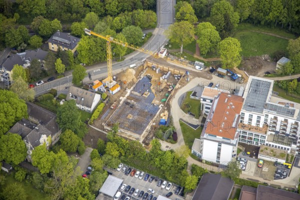 Aerial view, construction site and new construction at the retirement home GVS Herdecke, The View, Herdecke, Ruhr area, North Rhine-Westphalia, Germany, retirement home, retirement home, construction work, construction area, building site, building plots, construction crane, construction project, construction site, care and nursing, DE, Europe, non-profit association for social facilities, aerial view, aerial photography, aerial photography, new building, care facility, retirement home, retirement residence, retirement home, retirement centre, overview, bird's eye view, birds-eyes view, overview