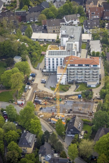 Aerial view, construction site and new construction at the retirement home GVS Herdecke, The View, Herdecke, Ruhr area, North Rhine-Westphalia, Germany, retirement home, retirement home, construction work, construction area, building site, building plots, construction crane, construction project, construction site, care and nursing, DE, Europe, non-profit association for social facilities, aerial view, aerial photography, aerial photography, new building, care facility, retirement home, retirement residence, retirement home, retirement centre, overview, bird's eye view, birds-eyes view, overview
