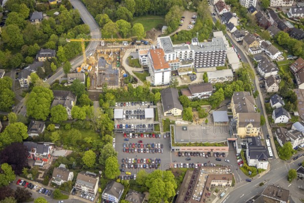 Aerial view, construction site and new construction at the retirement home GVS Herdecke, The View, Herdecke, Ruhr area, North Rhine-Westphalia, Germany, retirement home, retirement home, construction work, construction area, building site, building plots, construction crane, construction project, construction site, care and nursing, DE, Europe, non-profit association for social facilities, aerial view, aerial photography, aerial photography, new building, care facility, retirement home, retirement residence, retirement home, retirement centre, overview, bird's eye view, birds-eyes view, overview
