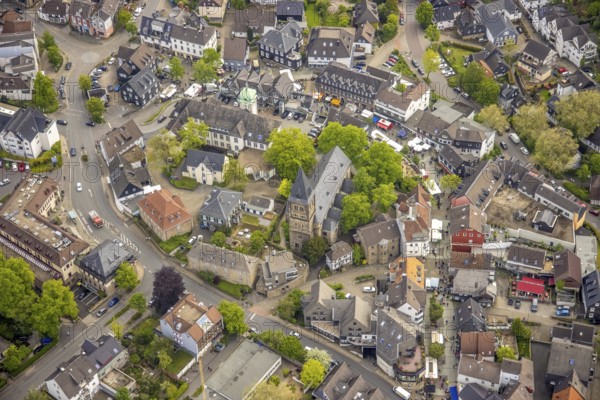 Aerial view, town hall and protestant church in the old town, market and market stalls, Herdecke, Ruhr area, North Rhine-Westphalia, Germany, Alte Stiftsstraße, old town, place of worship, authority, DE, Europe, pedestrian zone, religious community, place of worship, holy place, church, church community, denomination, aerial view, aerial photography, aerial photography, market, market place, market stalls, religion, religious place, city administration, overview, bird's eye view, weekly market market, birds-eyes view, overview