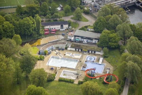 Aerial view, outdoor swimming pool Herdecke, Herdecke, Ruhr area, North Rhine-Westphalia, Germany, bathing establishment, bathing resort, DE, Europe, outdoor swimming pool, aerial view, aerial photography, aerial photography, swimming pool, swimming pool, overview, bird's eye view, water slide, birds-eyes view, overview
