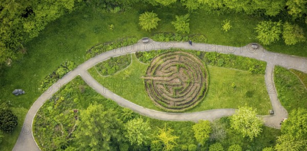 Aerial view, herb garden and labyrinth at the community hospital Herdecke, Westende, Herdecke, Ruhr area, North Rhine-Westphalia, Germany, 2 bridges over the Weser, DE, Europe, garden, aerial view, aerial photography, aerial photography, park, overview, birds-eyes view, overview