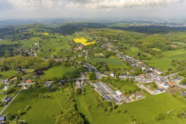 Aerial view, overview meadows and fields Ostend, Herdecke, Ruhr area, North Rhine-Westphalia, Germany, DE, Europe, distant view, hilly landscape, aerial view, aerial photography, aerial photography, rape field, overview, bird's eye view, meadows and fields, birds-eyes view, overview
