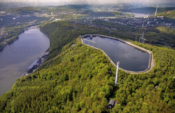 Aerial view, RWE pumped-storage power station at Lake Hengstey, Köpchenwerk, reservoir, Wittbräucke, Herdecke, Ruhr area, North Rhine-Westphalia, Germany, DE, Europe, Ruhr river, Lake Hengstey, aerial view, aerial photography, aerial photography, pumped-storage power station Köpchenwerk, RWE, lake, overview, bird's-eye view, forest area, birds-eyes view, overview