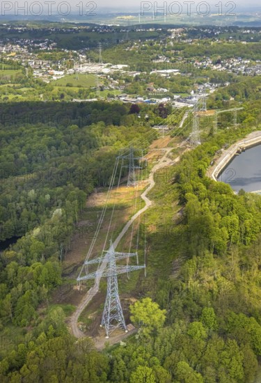 Aerial view, high-voltage power line, power line, Wittbräucke, Herdecke, Ruhr area, North Rhine-Westphalia, Germany, DE, Europe, river Ruhr, Hengsteysee, Köpchenwerk, aerial view, aerial photography, aerial photography, pumped storage power plant Köpchenwerk, RWE, lake, reservoir, electricity pylons, overview, bird's-eye view, forest area, birds-eyes view, overview