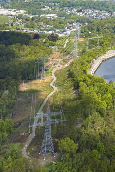 Aerial view, high-voltage power line, power line, Wittbräucke, Herdecke, Ruhr area, North Rhine-Westphalia, Germany, DE, Europe, river Ruhr, Hengsteysee, Köpchenwerk, aerial view, aerial photography, aerial photography, pumped storage power plant Köpchenwerk, RWE, lake, reservoir, electricity pylons, overview, bird's-eye view, forest area, birds-eyes view, overview