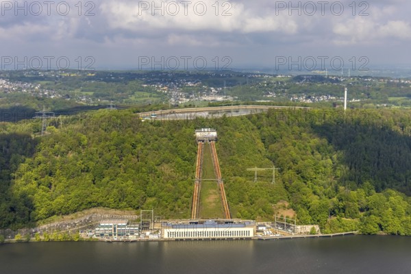 Aerial view, RWE pumped storage power station at Hengsteysee, Köpchenwerk, storage basin, Herdecke, Ruhr area, North Rhine-Westphalia, Germany, DE, Europe, river Ruhr, Hengsteysee, aerial view, aerial photography, aerial photography, pumped storage power station Köpchenwerk, RWE, lake, overview, bird's-eye view, forest area, birds-eyes view, overview