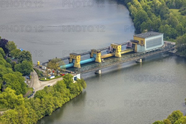 Aerial view, run-of-river power station Hengstey, city border between Herdecke and Hagen, Vorhalle, Hagen, Ruhr area, North Rhine-Westphalia, Germany, DE, Europe, power station, aerial view, aerial photography, aerial photography, overview, bird's-eye view, overview