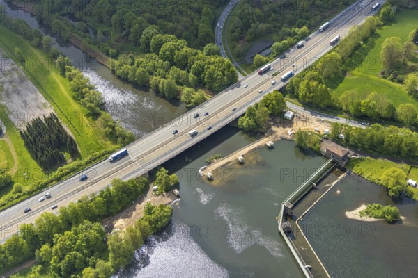 Aerial view, bridge of the A1 motorway over the Volme at the Stiftsmühle dam on the Ruhr, city boundary between Herdecke and Hagen, Vorhalle, Hagen, Ruhr area, North Rhine-Westphalia, Germany, DE, Europe, Stiftsmühle power station, aerial view, aerial photography, aerial photography, overview, bird's-eye view, overview, Volme estuary