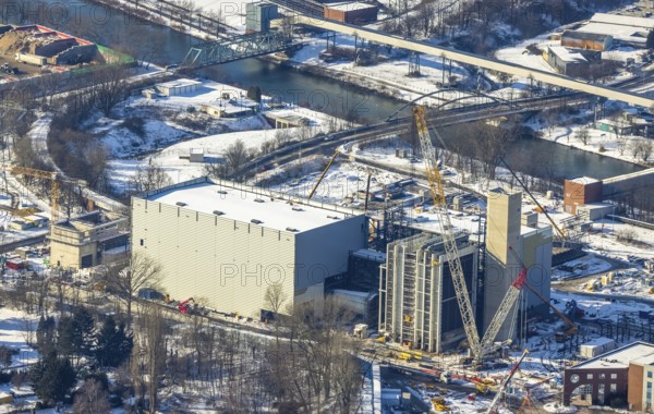 Aerial view, construction site STEAG construction project gas-fired power plant and steam power plant Herne, Baukau-West, Herne, Ruhr area, North Rhine-Westphalia, Germany, construction work, construction area, construction site, construction site, construction project, construction site, DE, power plant, Europe, CCGT, aerial view, aerial photography, aerial photography, new construction, Rhine-Herne Canal, snow, overview, bird's-eye view, winter, birds-eyes view, overview