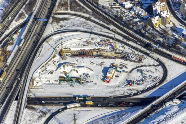 Aerial view, motorway junction Herne, A42 and A43, construction site A43 extension, Baukau, Herne, Ruhr area, North Rhine-Westphalia, Germany, extension, motorway A42, motorway A43, construction work, construction area, construction site, building plots, construction project, construction site, DE, Europe, aerial view, aerial photography, aerial photography, snow, overview, bird's eye view, winter, birds-eyes view, overview