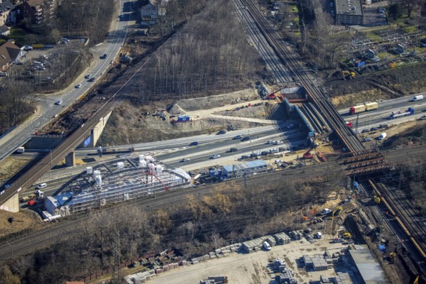 Aerial view, construction site bridge construction at Herne motorway junction, railway bridge, arch bridge, steel arch bridge, Herne-Mitte, Herne, Ruhr area, North Rhine-Westphalia, Germany, motorway A43, railway tracks, construction work, construction area, construction site, building plots, construction project, construction site, bridge, DE, Europe, aerial view, aerial photography, aerial photography, overview, bird's eye view, birds-eyes view, overview