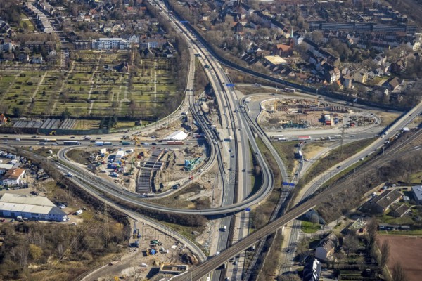 Aerial view, Herne motorway junction with new Baukau tunnel from the A43 to the A42, Baukau-West, Herne, Ruhr area, North Rhine-Westphalia, Germany, A42 motorway, A43 motorway, motorway junction, DE, Europe, distant view, aerial view, aerial photography, aerial photography, Rhine-Ruhr metropolitan region, road traffic, overview, traffic volume, bird's eye view, bird's eye view, overview