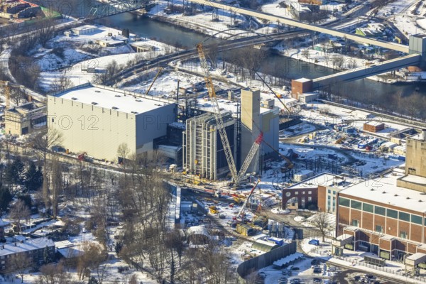 Aerial view, construction site STEAG construction project gas-fired power plant and steam power plant Herne, Baukau-West, Herne, Ruhr area, North Rhine-Westphalia, Germany, construction work, construction area, construction site, construction site, construction project, construction site, DE, power plant, Europe, CCGT, aerial view, aerial photography, aerial photography, new construction, Rhine-Herne Canal, snow, overview, bird's-eye view, winter, birds-eyes view, overview