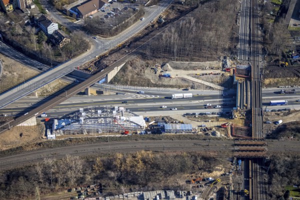 Aerial view, construction site bridge construction at Herne motorway junction, railway bridge, arch bridge, steel arch bridge, Herne-Mitte, Herne, Ruhr area, North Rhine-Westphalia, Germany, motorway A43, railway tracks, construction work, construction area, construction site, building plots, construction project, construction site, bridge, DE, Europe, aerial view, aerial photography, aerial photography, overview, bird's eye view, birds-eyes view, overview