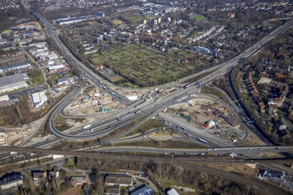 Aerial view, Herne motorway junction with new Baukau tunnel from the A43 to the A42, Baukau-West, Herne, Ruhr area, North Rhine-Westphalia, Germany, A42 motorway, A43 motorway, motorway junction, DE, Europe, distant view, aerial view, aerial photography, aerial photography, Rhine-Ruhr metropolitan region, road traffic, overview, traffic volume, bird's eye view, bird's eye view, overview