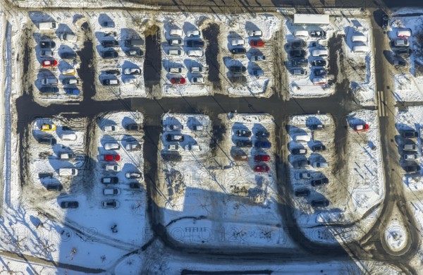 Aerial view, Friedrich-Ebert-Platz, car parks, Herne-Mitte, Herne, Ruhr area, North Rhine-Westphalia, Germany, DE, Europe, shapes and colours, aerial view, aerial photography, aerial photography, snow, overview, bird's-eye view, winter, birds-eyes view, overview
