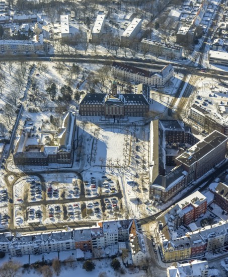 Aerial view, town hall Herne, district court, Friedrich-Ebert-Platz, Herne-Mitte, Herne, Ruhr area, North Rhine-Westphalia, Germany, authority, DE, Europe, court, aerial view, aerial photography, aerial photography, market place, car park, town hall, snow, overview, bird's eye view, winter, birds-eyes view, overview