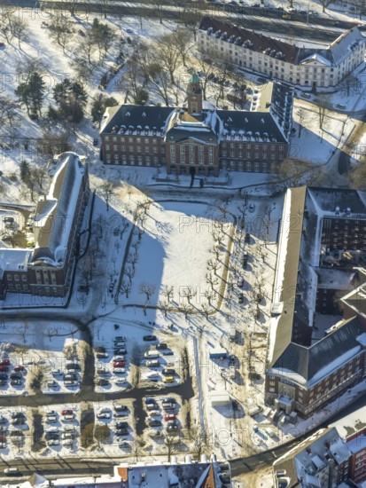 Aerial view, town hall Herne, district court, Friedrich-Ebert-Platz, Herne-Mitte, Herne, Ruhr area, North Rhine-Westphalia, Germany, authority, DE, Europe, court, aerial view, aerial photography, aerial photography, market place, car park, town hall, snow, overview, bird's eye view, winter, birds-eyes view, overview