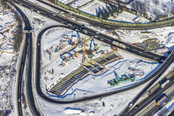 Aerial view, motorway junction Herne, A42 and A43, construction site A43 extension, Baukau, Herne, Ruhr area, North Rhine-Westphalia, Germany, extension, motorway A42, motorway A43, construction work, construction area, construction site, building plots, construction project, construction site, DE, Europe, aerial view, aerial photography, aerial photography, snow, overview, bird's eye view, winter, birds-eyes view, overview
