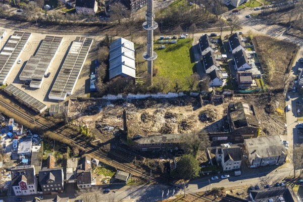 Aerial view, garage yard Mulvanystraße, transmission mast, construction site demolition site, Herne-Mitte, Herne, Ruhr area, North Rhine-Westphalia, Germany, demolition work, demolition building, DE, Europe, commercial enterprises, commercial area, commercial area, commercial site, commercial use, border road, industrial area, industrial site, aerial view, aerial photography, aerial photography, mast, tower, overview, bird's eye view, overview